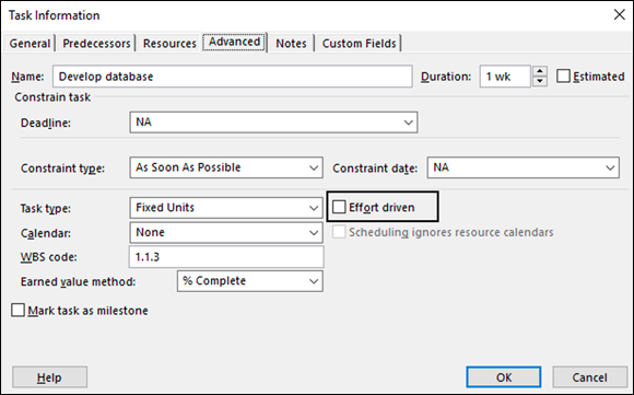 Screenshot of the Task Information dialog box displaying the Effort Driven check box by clicking on the 