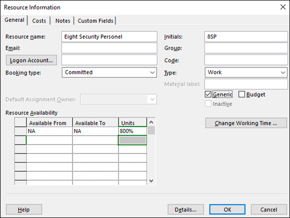 Screenshot of the Resource Information dialog box displaying the Resource Availability check box of a consolidated resource.