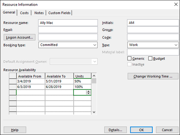 Screenshot of the Resource Information dialog box to enter  a date range in the Available From and Available To columns of the Resource Availability area.