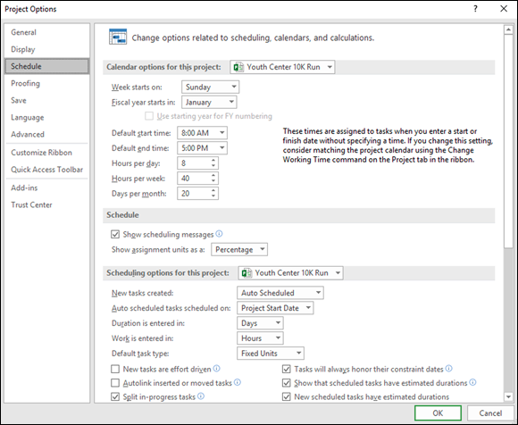 Screenshot of the Project Options dialog box to change options related to scheduling, calendars, and calculations.
