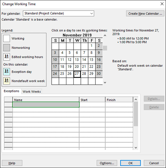 Screenshot of the Change Working Time dialog box displaying a standard calendar depicting the default working times.