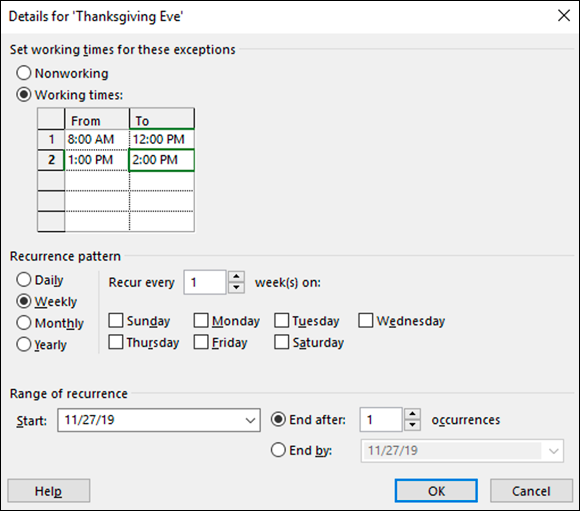 Screenshot of the Details dialog box for modifying a default calendar by specifying global working and nonworking days.