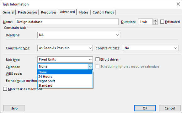 Screenshot of the Task Information dialog box to modify the settings for a task calendar using a different base calendar template.