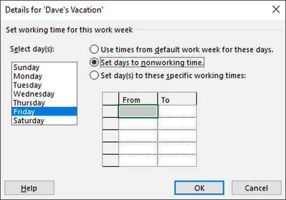 Screenshot of the Detail dialog box to set the working time of a project for a whole work week.