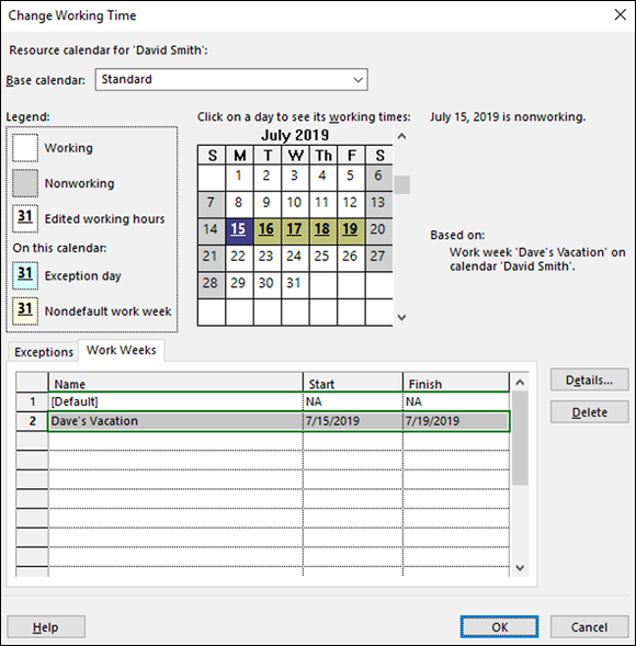 Screenshot of the Change Working Time dialog box to change the working time on a resource calendar.