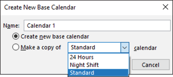 Screenshot of the Create New Base Calendar dialog box for creating a new base standard calendar for a project.
