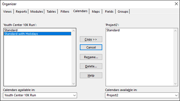 Screenshot of the Organizer dialog box for copying a calendar to other projects following a list of pointers to copy calendars.