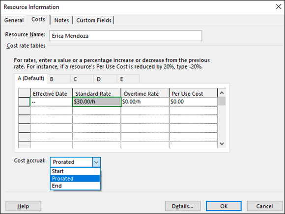 Screenshot of the Resource Information dialog box displaying the cost accrual options in a drop-down list on the Costs tab.