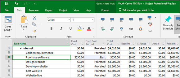 Screenshot of an Excel sheet displaying a cost table in the Gantt chart view to insert the Fixed Cost column into any sheet.