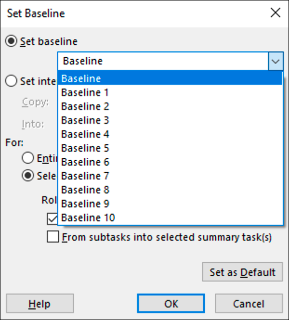 “Screenshot of the Set Baseline dialog box displaying a list of baselines, with a date stamp of the last date each saved.”