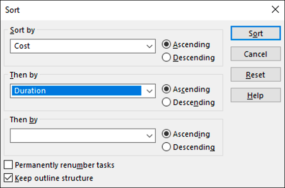 Screenshot of the Sort dialog box to sort by as many as three criteria in ascending or descending order.