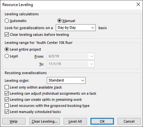 Screenshot of the Resource Leveling dialog box for leveling calculations manually, looking for overallocations on a daily basis.