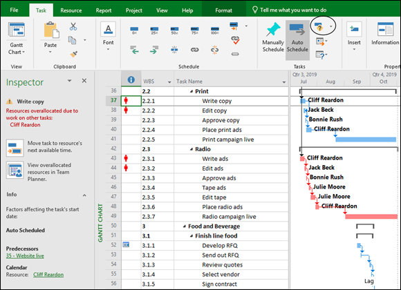 Screenshot of an Excel sheet displaying the Task Inspector depicting an example of the Write Copy task for the Print work package.