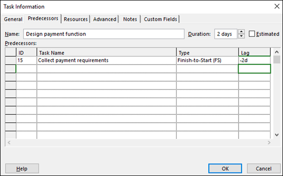 Screenshot of the Task Information dialog box for modifying task dependencies and applying lag for a design payment function.