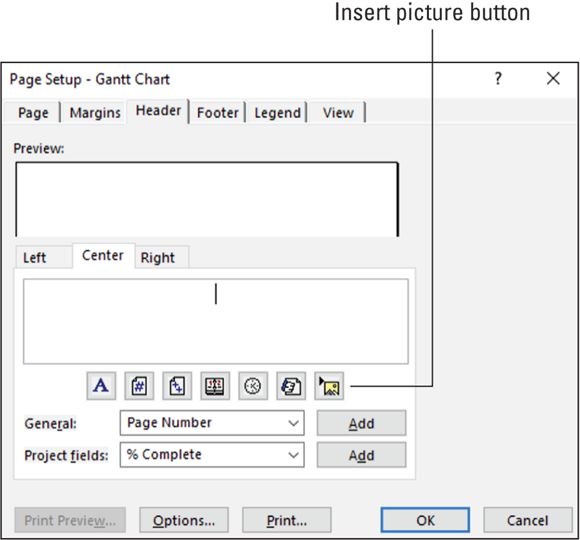 Screenshot of the Page Setup dialog box displaying the insert picture button to insert an existing graphics file in the header or footer tab.
