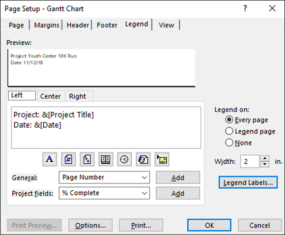 Screenshot of the Page Setup dialog box where the legend  acts as a guide to the meanings of various graphical elements.