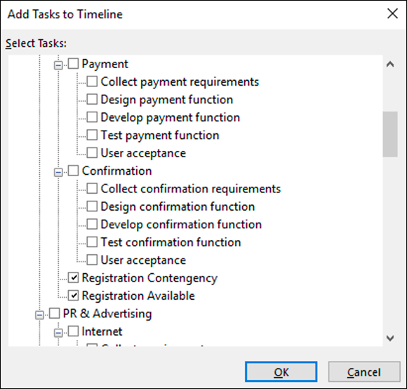 Screenshot of the Adding Tasks to Timeline dialog box displaying an outline of all tasks in the project.