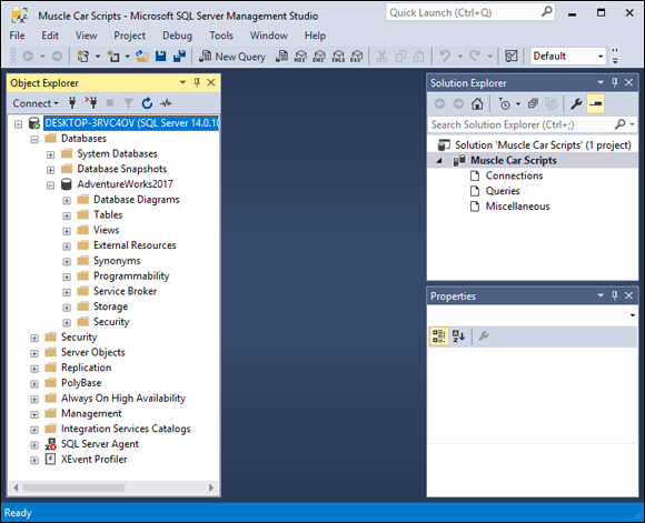 Screenshot of main screen of Microsoft SQL Server Management Studio.