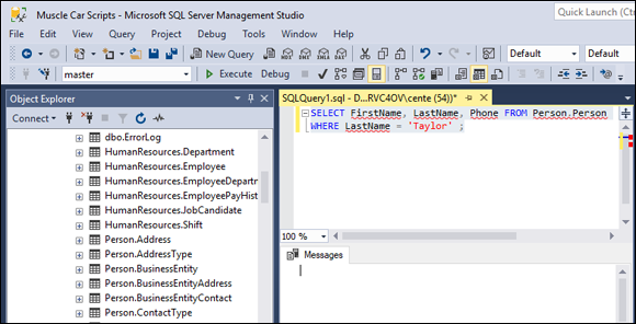 Screenshot of a sample query with SQL editor pane and object explorer.