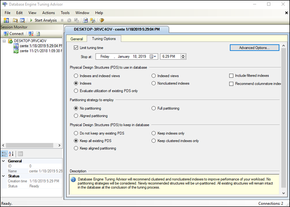 Screenshot of the Tuning Options pane with Tuning time, Physical design structures to use in database, Partitioning strategy to employ, Physical design structures to keep in database, and Description.