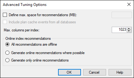 Screenshot of advanced tuning options with Define max. space for recommendation, Max. Column per index, Online index recommendations. 
