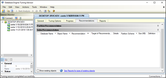 Screenshot of the Recommendations tab after a successful run with Partition recommendations and Index recommendations.