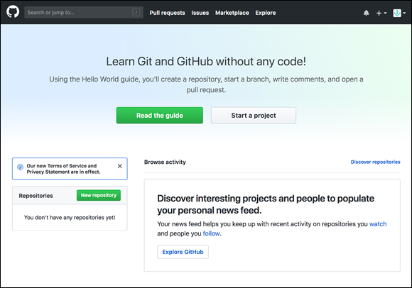 Screenshot displaying the GitHub.com home page to learn Git and GitHub without any code, after logging in.