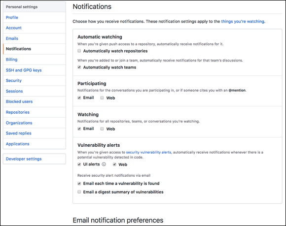 Screenshot of the Notifications settings page to choose the level of granularity for receiving notifications per repository and to create default preferences for notifications.