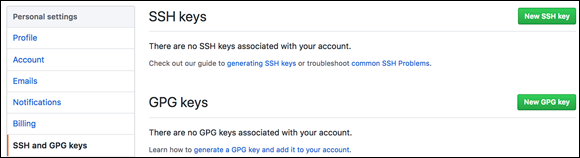 Screenshot of the Personal Settings page to create SSH and GPG keys to encrypt your communication with GitHub and ensure a secure environment.