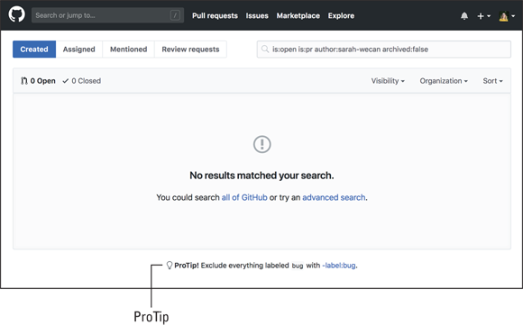 Screenshot depicting ProTip found on the Pull request page; the search bar for pull requests gives several ways to specify a search.