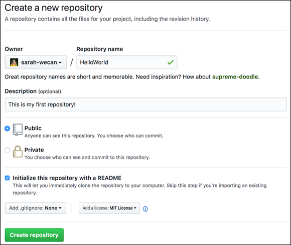 Screenshot of the Create a New Repository dialog page to create a new repository by typing the name of a repository in the Repository name text box.
