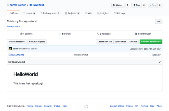 Screenshot of the home page of my HelloWorld repository where a markdown file — README.md — is already in the repository.
