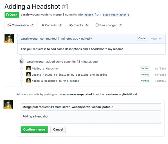Screenshot of a dialog box to confirm the merge of the pull request and add some descriptions and a headshot to the README.