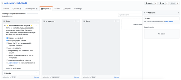 Screenshot of an automated blank kanban project board template listing out some To do cards to show the user how things work.