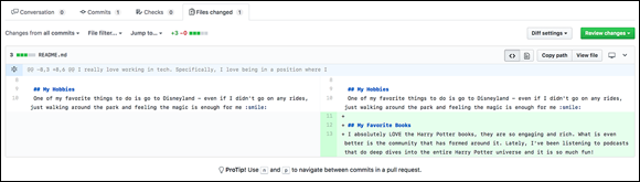 Screenshot of the diff of README.md displaying the last section added to the text.