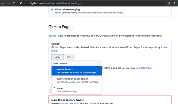 Screenshot displaying the GitHub Pages section under repository settings, to change the source for GitHub Pages from none to master branch from the Select source drop-down menu.