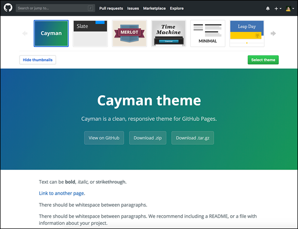 Screenshot of the GitHub Pages website theme chooser, Cayman theme, which is a clean, responsive theme for GitHub Pages.