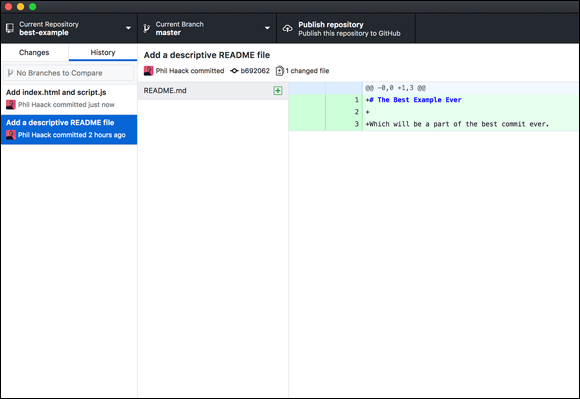 Screenshot of the GitHub Desktop adding a Git repository to the list of repositories that it tracks enabling to browse the repository’s history, switch branches, and create commits.