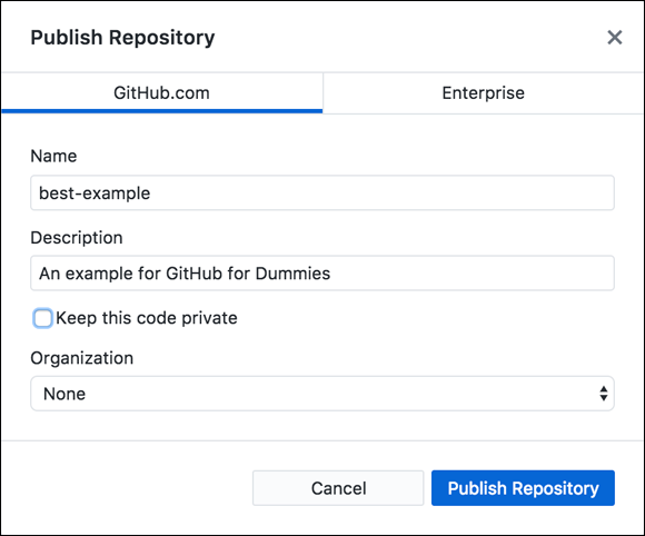 Screenshot of the Publish dialog box used to publish a repository to GitHub.com to fill in the details and click the Publish Repository button.