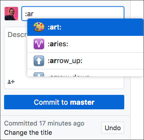 Screenshot of the commit summary box listing out all emojis that start with ar as the result of typing :ar.