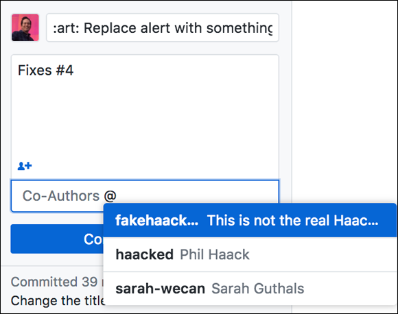 Screenshot of the commit summary box displaying a list of potential coauthors, when a coauthor’s GitHub username has been added to the textbox.
