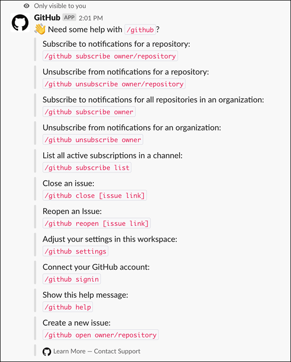 Screenshot displaying the full list of Slack commands in the GitHub app after the installation is complete.