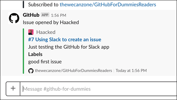 Screenshot of the GitHubForDummiesReaders page displaying the Slack message with information about a newly created GitHub issue.