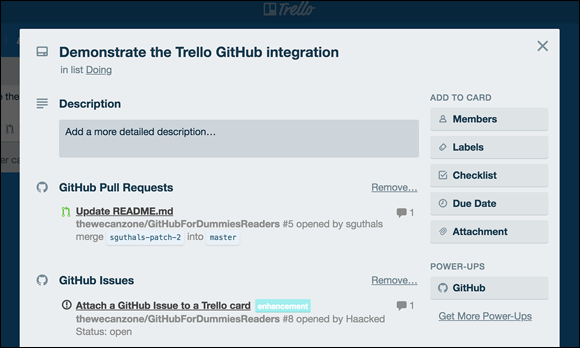 Screenshot displaying the Trello card with an issue and pull request attached.