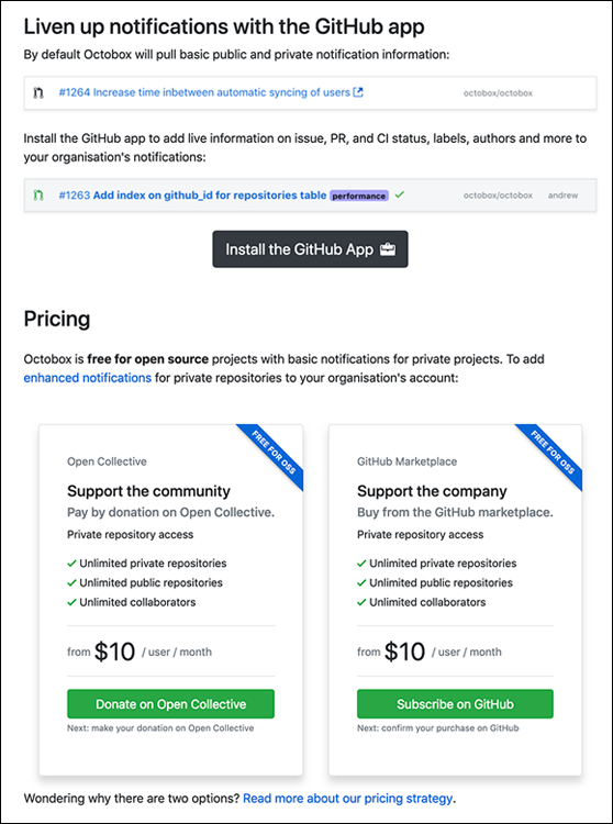 Screenshot displaying the GitHub app download button and Pricing options for Octobox to install the GitHub app to add live information on issues.