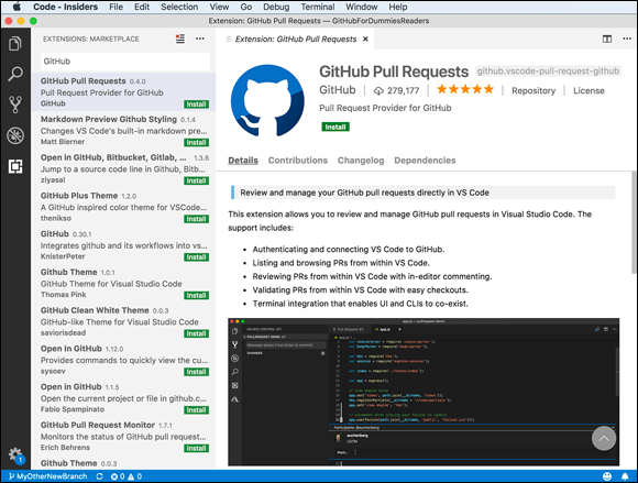 Screenshot displaying the GitHub extension for VS Code in the extension marketplace, by clicking the install button for the GitHub Pull Requests extension.
