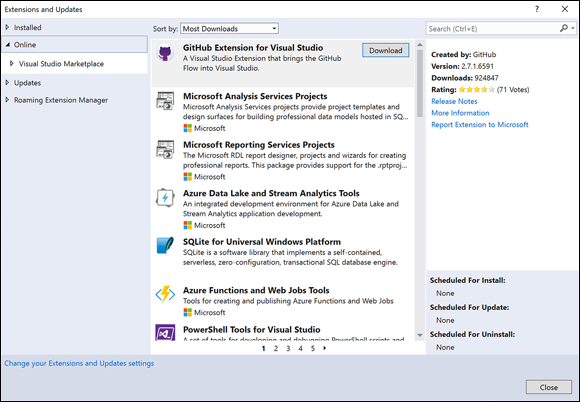 Screenshot of the GitHub for Visual Studio extension in the Visual Studio Marketplace, with all the extensions currently installed, plus the marketplace of additional extensions.