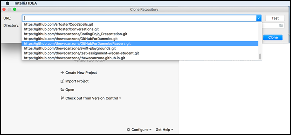 Screenshot displaying a list of GitHub repositories that the user can have access to clone from inside IntelliJ to create a new project.