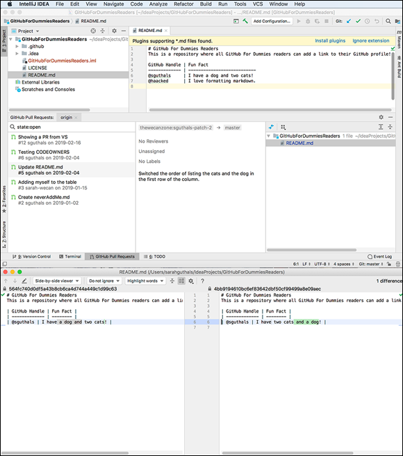 Screenshot displaying a new section in the IntelliJ window with a list of the open pull requests to create the IntelliJ project.