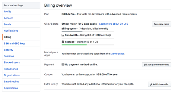 Screenshot of the Personal Settings of a Billing Overview page on GitHub.com where one can add payment information.